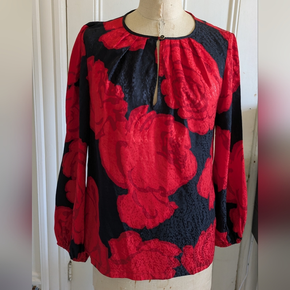 Trina Turk Red and Black Floral Blouse